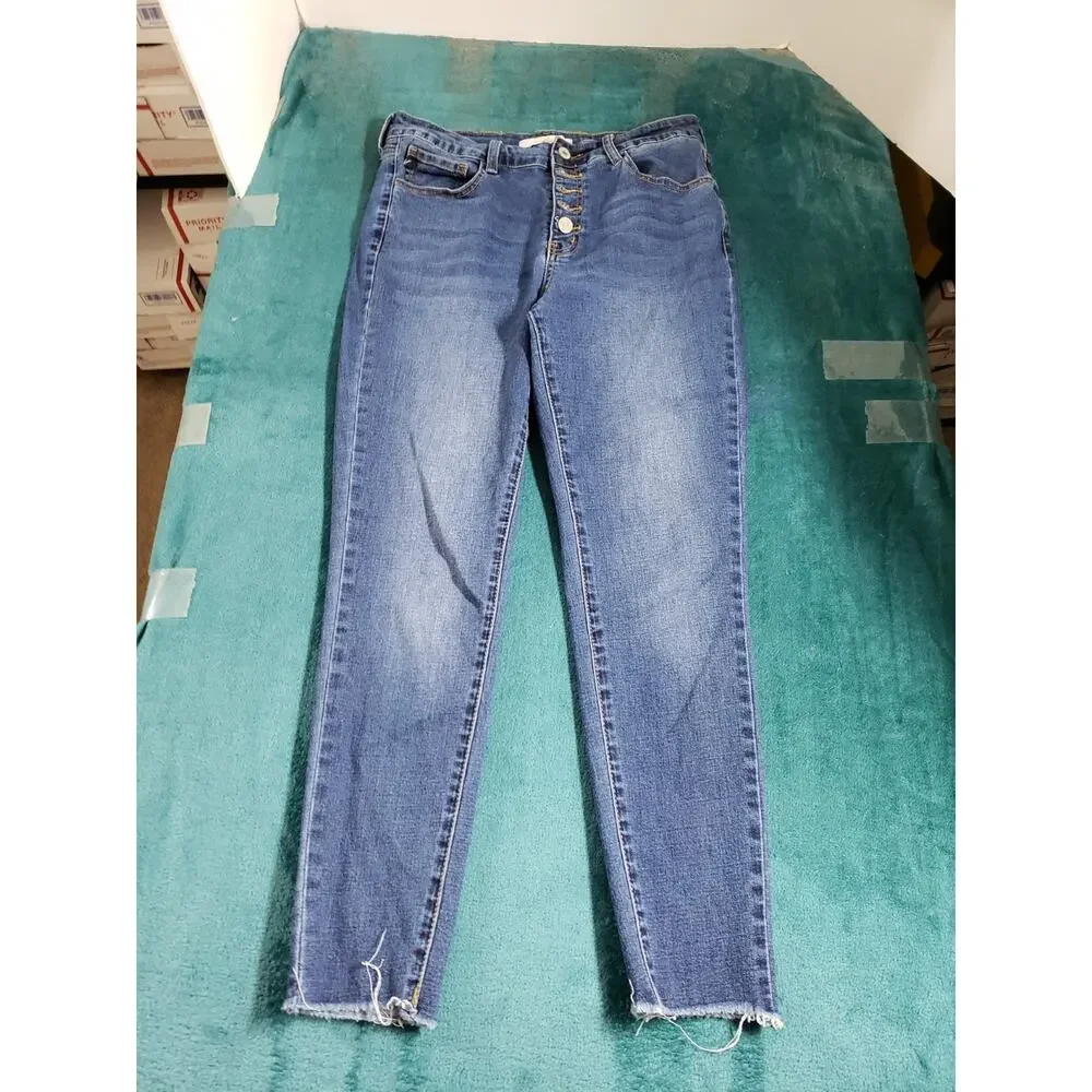 Kancan Jeans Size 11 Womens Blue Stretch Pants Denim Mid Rise Fray Hem Ankle